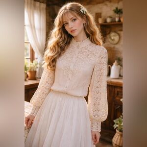 Fairycore Lace Crochet Blouse Romantic Cottagecore Pearl Button Top Whimsical